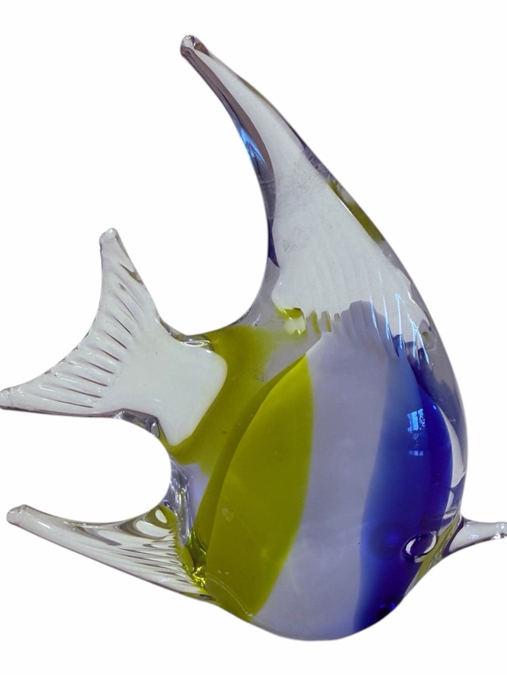 Hand Blown Art Glass Fish Figurine 4.5” Blue Yellow White Murano Style Coastal